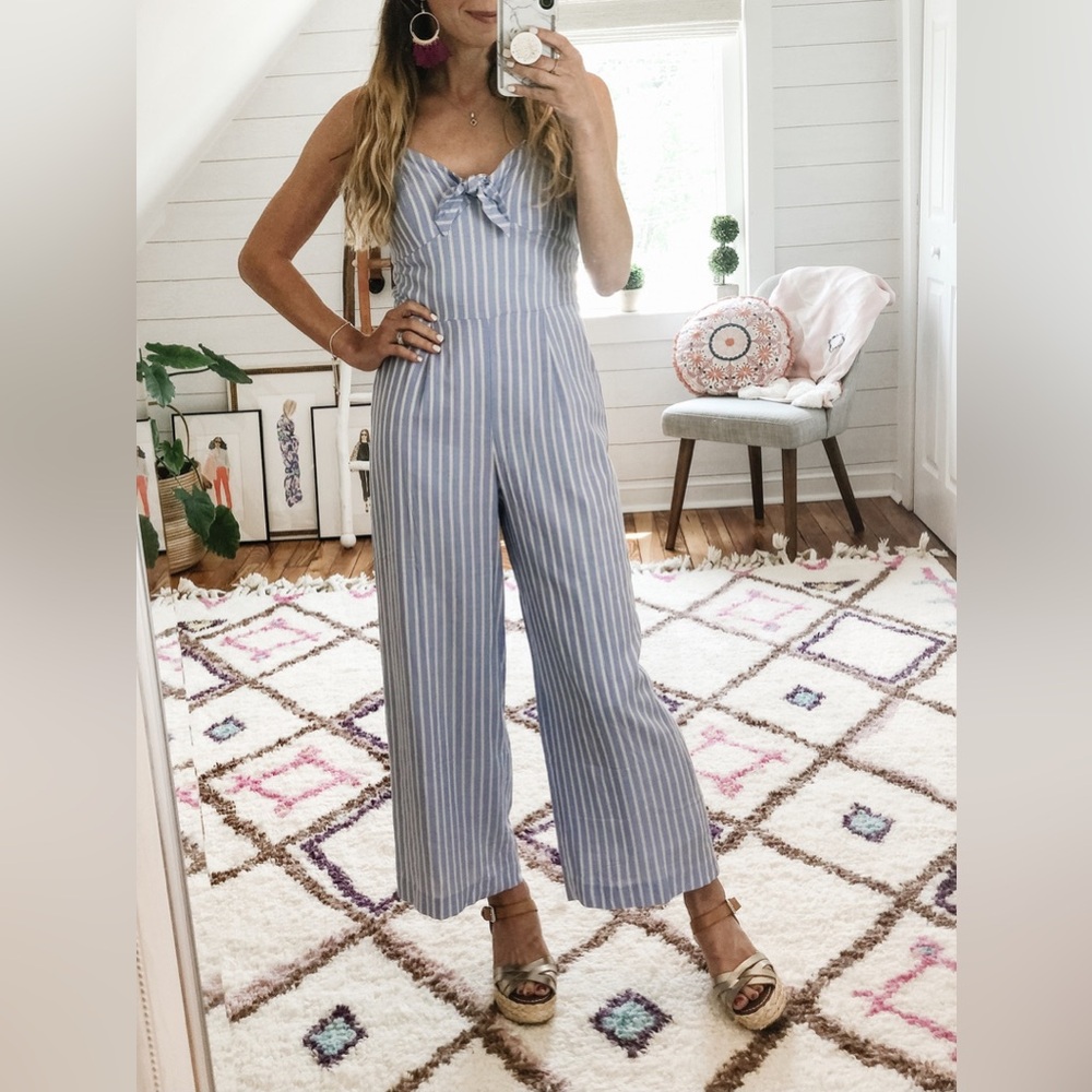 J. Crew Factory Blue and White Striped Jumpsuit
